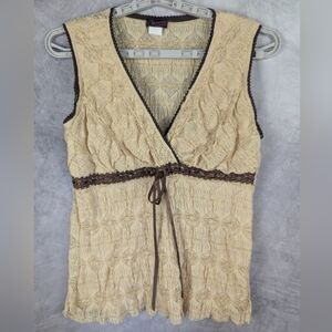 Seventeen Fashion 1X Sleeveless Lace Blouse Tan/Brown With Ribbon Y2K